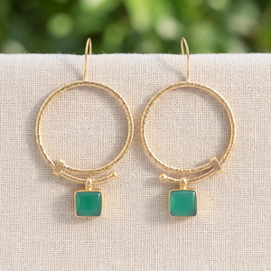Green onyx square gemstone dangle drop <b>earring</b> brass 18k gold plated texture finish big circular design <b>hook</b> <b>earring</b> for women - Product Image 2