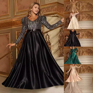 Robe de soirée pour femme, manches longues, col en V, sequins, taille empire, longueur complète, en satin, style vintage, tenue de soirée formelle - Product Image 1
