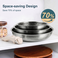 Ensemble de 5 casseroles et poêles en acier inoxydable à 3 couches avec poignée amovible, couvercles en verre, empilables, motif nid d'abeille, compatibles induction et four