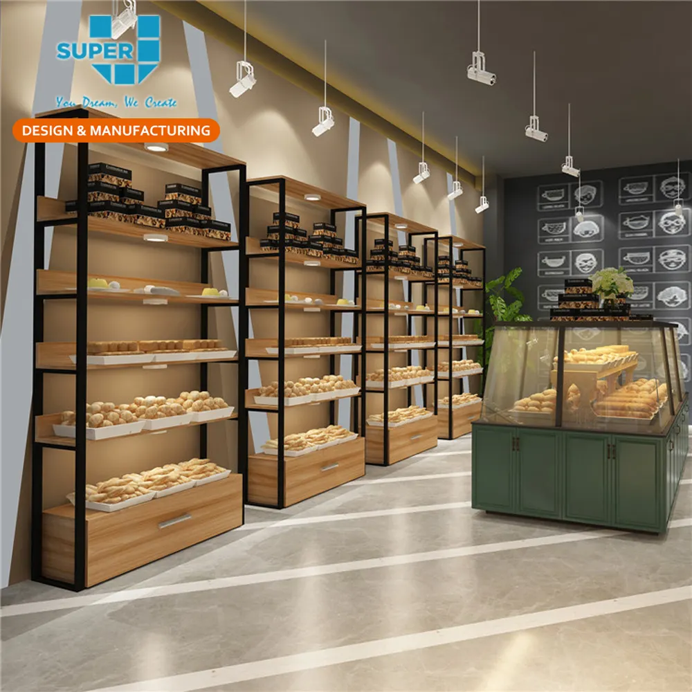 OEMカスタマイズ食品店木製ベーカリーディスプレイ棚商業用木製パン壁棚