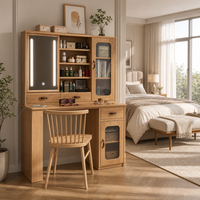 Meja Rias Tinggi Kayu Oak Alami dengan Cermin LED Geser, Kabinet Kaca Beralur, Rak Buku, dan Set Kursi untuk Kamar Tidur