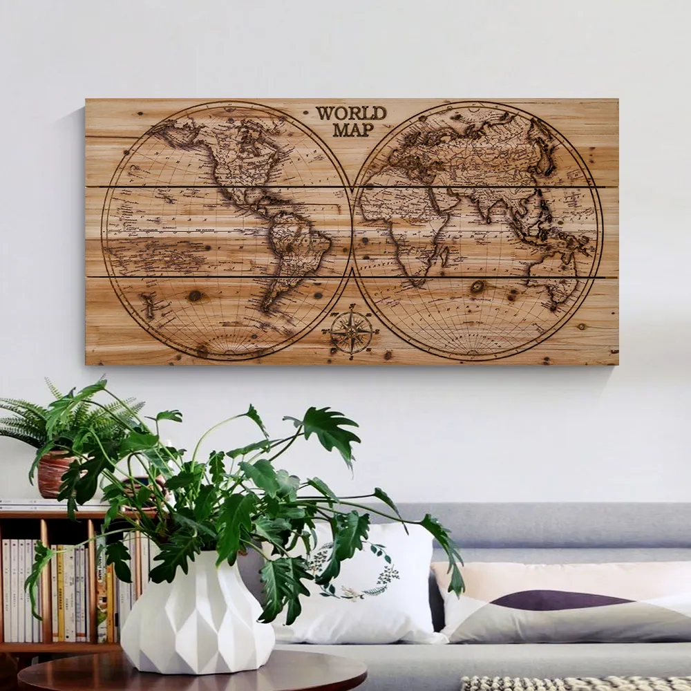 Laser cut unique custom 3D world map wood carving wall art decor