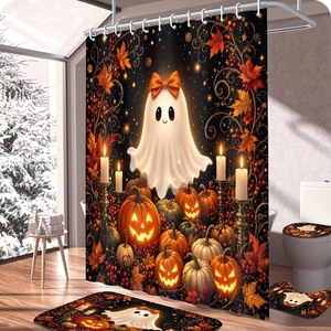 Black Halloween Ghost Pumpkins Polyester Shower Curtain Bathroom Curtain Digital Print Custom Print Waterproof Bulk Wholesale - Product Image 3