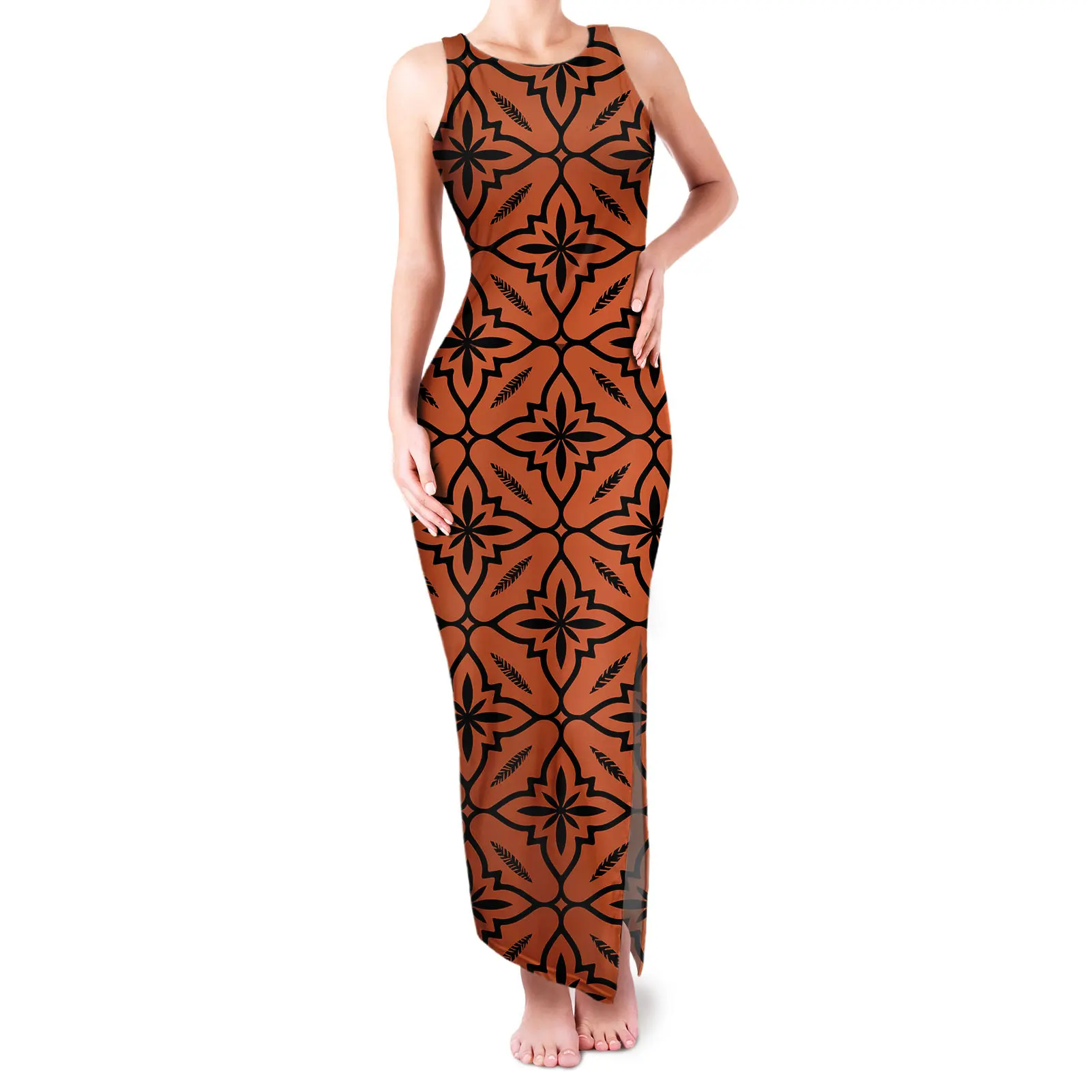 Orange Tribal Printed Lady Clothing Designer Tank Top Dresses Polynesian Samoa Casual Oversized Women Sleeveless Dress For Daily