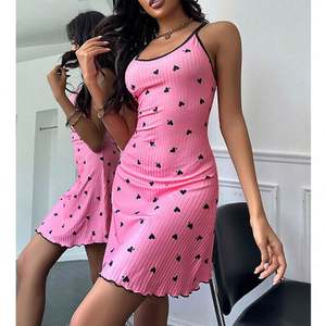 Robe de nuit côtelée pour filles Sfy-y1468 à imprimé cœur, pyjama rose mignon à imprimé, chemise de nuit dos nu, vêtements de nuit - Product Image 5