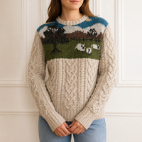 Pull en tricot intarsia personnalisé pour femme, col rond, couleur avoine, motif paysage de ferme, fabrication OEM ODM