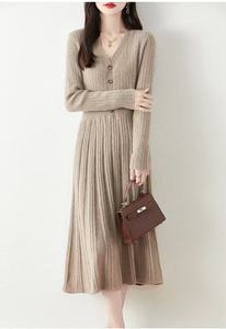 Wool A-Line Elegant Autumn Long Sleeve Button Sweater <strong>Dress</strong> with V-Neck Natural Waist Thick Simple Midi - Product Image 4