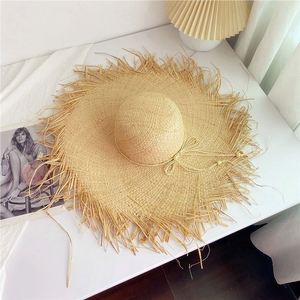Raffia Straw <b>Hat</b> Large Brim Woven Sun <b>Hat</b> <b>Summer</b> Flat Top Flutter Tie Seaside Vacation Sun <b>Hat</b> - Product Image 1
