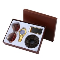 Ensemble cadeau fantaisie pour homme en 5 pièces, montre en acier, ceinture en cuir et boucle, boîte cadeau - Café/Noir