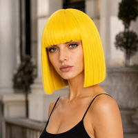 Perruque synthétique courte et droite jaune vif, coupe bob, avec frange, ligne de cheveux naturelle réglable, résistante à la chaleur, pour femmes, vente en gros, OEM ODM personnalisé