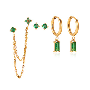 ต่างหูรูปใบโคลเวอร์สี่แฉกประดับเพทายสีเขียว ต่างหูแบบห่วงสแตนเลส ดีไซน์เรขาคณิต ตกแต่งแบบกรงเล็บ เครื่องประดับแฟชั่น - Product Image 4