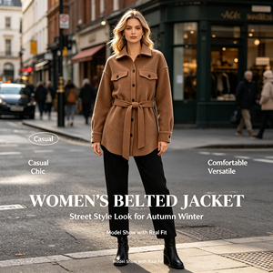 Veste chemise ceinturée pour femme, col à revers, coupe ample, en polyester imitation laine, manteau décontracté automne-hiver, vêtement d'extérieur, OEM ODM personnalisé - Product Image 4