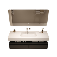 Meuble-lavabo flottant de luxe en bois massif de noyer italien avec vasque, plateau en pierre frittée, miroir LED intelligent, ensemble double vasque