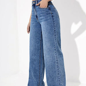 Jeans bleus pour femmes, pantalons droits <span class=keywords><strong>taille</strong></span> <span class=keywords><strong>haute</strong></span>, jeans baggy, jeans délavés polyvalents de <span class=keywords><strong>haute</strong></span> qualité pour femmes, vente en gros - Product Image 3