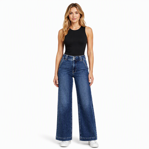 <span class=keywords><strong>Jeans</strong></span> de mezclilla de tiro alto con control de abdomen, pierna ancha recta, corte <span class=keywords><strong>Mom</strong></span> Fit, venta al por mayor de fábrica OEM - Product Image 1