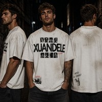 T-shirt Streetwear Vintage Blanc Délavé Effet Usé Coupe Boxy Courte Imprimé Numérique Rétro Coton Épais Vente en Gros