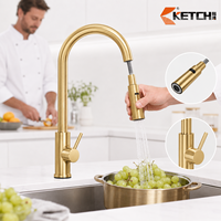 Robinet de cuisine monocommande extractible à bec haut pivotant avec douchette, finition métal brossé, en laiton
