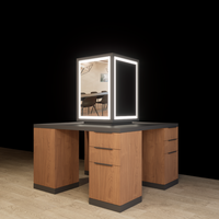 Station de coiffure ovale double face en bois avec miroir, en noyer moderne, avec tiroirs de rangement, pour salon de coiffure et maquillage