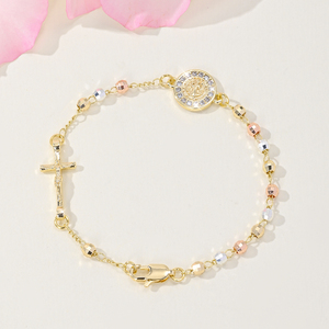 Braccialetti da donna con ciondolo a croce, rosario tricolore, San Benedetto, braccialetti religiosi con perline della Vergine Maria di Guadalupe, placcati in oro. - Product Image 5