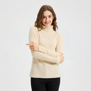 Pull en maille côtelée crème pour femme, col roulé, manches longues, anti-boulochage, style minimaliste, idéal pour l'hiver - Product Image 2