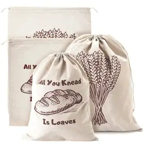 Grey linen baguette bread food storage reusable keeper drawstring bag
