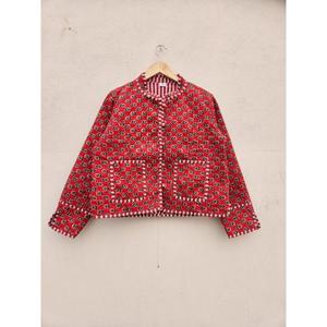 Quilted Ajrag Print Knitted <b>Jacket</b> in Red Eco-Friendly & Breathable Winter New Arrival 100% Cotton - Product Image 1