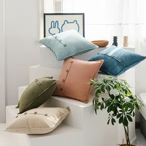 Home Cotton And Linen Pillowcase Japanese Minimalist Plain Color Cushion Cover Button Style Solid Color Waist Cushion Cover