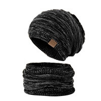 Set Kupluk Rajut dan Penghangat Leher Motif Marled, Set Topi dan Syal Dua Warna, Kupluk Longgar dengan Patch Kulit, Unisex