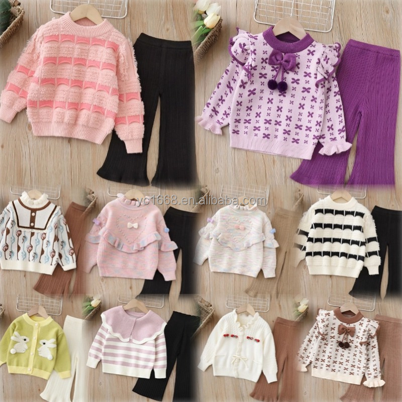Best-selling Girls' Sweater Set, Round-neck Ruffled Design Pullover, Knitted Long Pants Two-piece Set