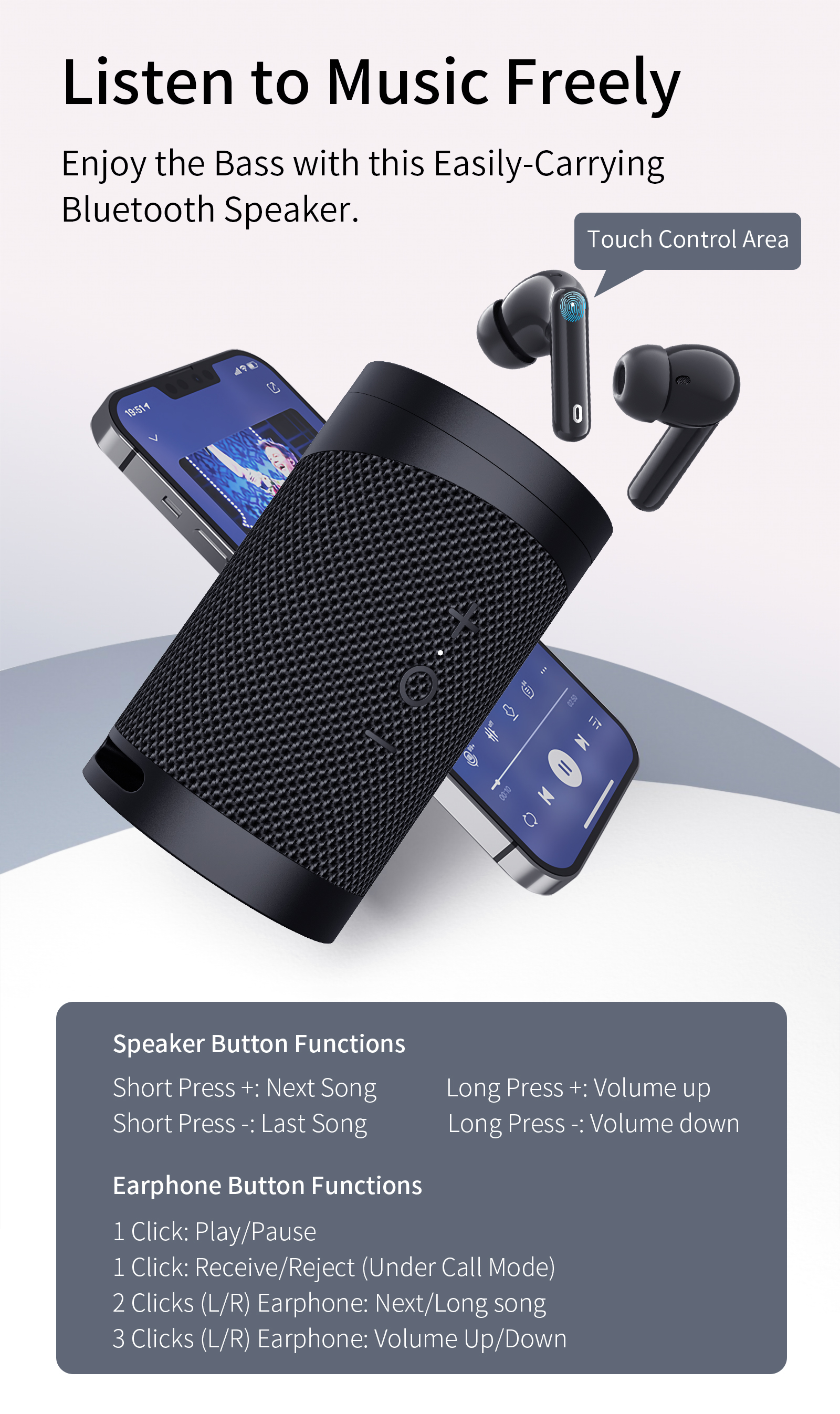 Bass Wireless Earphone Speaker 3D Surround Subwoofer 4 Hours Talk Time