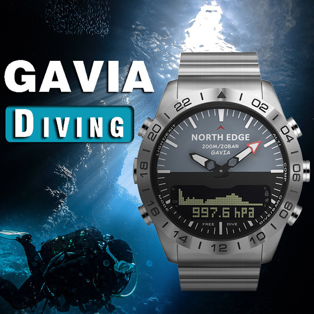 NORTH EDGE Men Dive Digital Watch Luxury Full Steel Business Waterproof 200m Altimeter Compass Dual Display Sports Watches Reloj