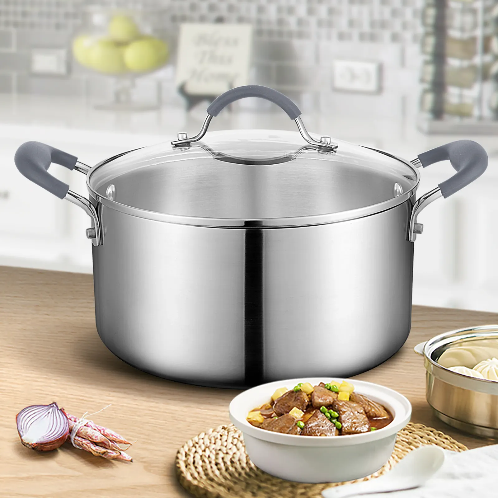 Peralatan masak mewah, panci sup tiga lapis komposit Stainless Steel multifungsi 24 cm