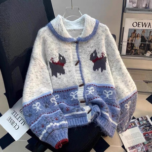 Women's Color-Blocked Fair Isle Knit <b>Cardigan</b> With Lapel Loose Fit Anti-Pilling Autumn Winter Wear - Product Image 1