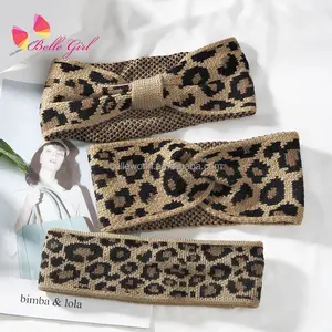 BELLEWORLD custom packing logo Women Turban Leopard Print Knit Crochet Elastic HeadBand Ear Warmer Stretch Wide Bow Headband