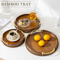 Plateau de service rond en bambou portable avec poignées en métal doré, qualité alimentaire, pour café, thé, ottoman, décoration intérieure, personnalisable OEM, vente en gros