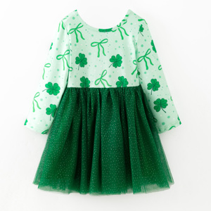 Pronto per la Spedizione, Disponibile in Magazzino: Abito da Festa per Bambine con Stampa Trifoglio di San Patrizio, Lunghezza al Ginocchio, Linea ad A, Verde in <span class=keywords><strong>Tulle</strong></span>, Maniche Lunghe - Product Image 3