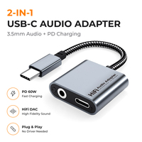 Nouvel adaptateur audio 2-en-1 Type-C vers 3,5 mm, charge rapide PD 60W, son HiFi, convertisseur USB-C en alliage d'aluminium tressé, vente en gros