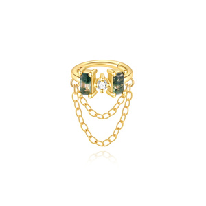 Boucle d'oreille manchette en argent sterling 925 plaqué or 18 carats avec agate verte mousse et franges de diamants, pierre naturelle élégante, clip d'oreille à dos plat, bijou - Product Image 1