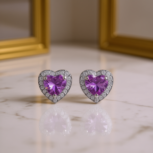 E393 ต่างหูรูปหัวใจทองคำขาวประดับคริสตัลอเมทิสต์สำหรับผู้หญิง สวมใส่ได้ทุกวัน ดีไซน์แบบกรงเล็บ - Product Image 2