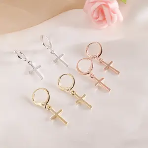 Simple Gold Plated Cross Hoop Earrings Fine Jewelry Religious High Quality Rose Gold Ear Cross Earrings Dangle For Men Women