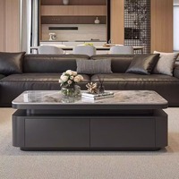 Table basse moderne de luxe léger, durable et portable, en pierre frittée, avec double tiroirs de rangement, coins arrondis, anti-collision
