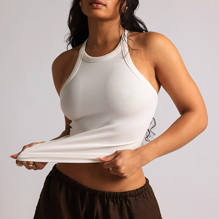 Wholesale Custom Women Ribbed Halter Casual Athletic Tank Top Summer Style Breathable Cross Back Slim Fit Solid Yoga Vest