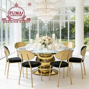 Muebles de Hotel Usados para Bodas de Lujo en Dubái, Mesa de Comedor Redonda de Acero Inoxidable con Base de Titanio Dorado y Vidrio Templado para Uso en Exteriores - Product Image 1