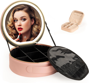 Estuche organizador de maquillaje cosmético de viaje organizador de maquillaje profesional inteligente redondo de gran capacidad con <span class=keywords><strong>espejo</strong></span> LED y estuche de joyas - Product Image 1