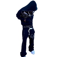 Ensemble de survêtement personnalisé Y2K avec pantalon baggy à double taille en molleton imprimé et strass, et sweat à capuche évasé – Fabrication OEM