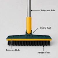 Brosse de nettoyage multifonctionnelle à long manche pour carrelage, raclette et balai, avec poils rigides pour le lavage des sols domestiques