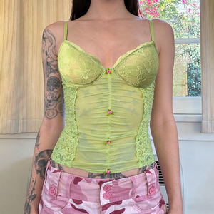 Top de encaje con patchwork y malla, sexy, estilo camisola transparente, diseño floral fresco para vacaciones, estilo Pure Desire. - Product Image 2