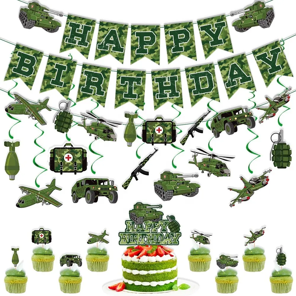 DAMAI 군인 군인 소년 생일 테마 파티 녹색 카모 생일 배너 카모 나선형 교수형 장식 소용돌이 컵케익 토퍼