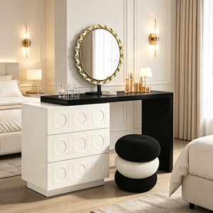 Modern <b>Makeup</b> Vanity Set With White Cabinet And Round <b>Mirror</b> Bedroom Dressing Table Storage Furniture - Product Image 5