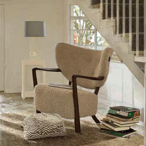 Fauteuil pouf Woolf, style rétro français moderne, en bois massif, avec revêtement en tissu, housse amovible, pour la maison, le bureau, la chambre à coucher, la salle à manger - Product Image 3